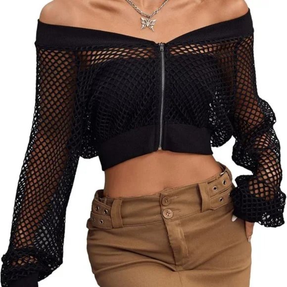Tops - Fishnet Sheer Zip Up Long Sleeve Crop Jacket